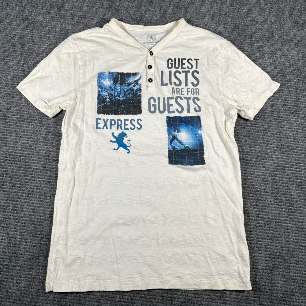 Express Graphic Henley Tee Mens M Cream Excellent Guest Lists Are For Guests